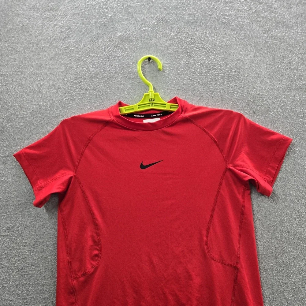 Nike Boy Shirt L Red Dri-Fit Nike Pro Center Swoosh Logo Slim Short Sleeve